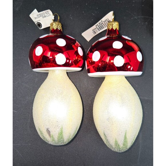 Set Of 2 Mushroom Shaped Christmas Tree Ornaments Red & White Polka Dot Cap Glas - Picture 1 of 2